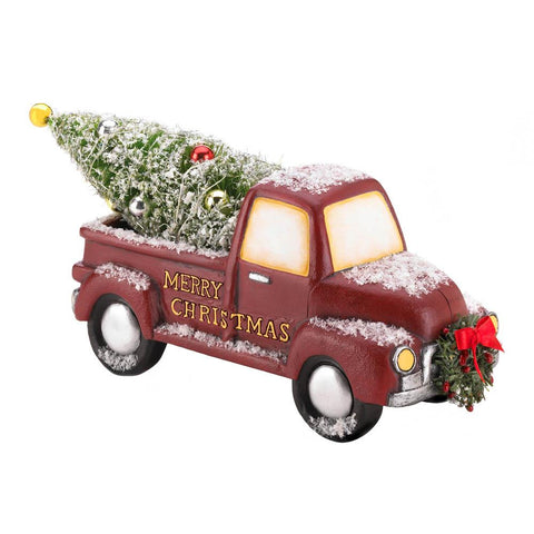 zr2- LIGHT-UP RED TRUCK WITH WREATH **FreeShipping** Special holiday delivery! This old-time truck is carrying a fully decorated Christmas tree for delivery to your mantel or table, and the lights on the tree really light up!